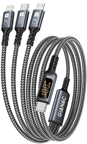 100 W USB C till multi USB-laddningskabel 0,5 m] laddningskabel 3-i-1 snabbladdningskabel med E-Mark Chip Multi till USB C[100 W] Lightning[27 W]+Micro[5 W] med LED-display för Galaxy Galaxy S24/S23