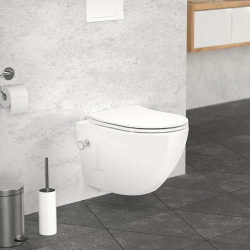 LuxeBath WC Suspendu sans Rebord, Blanc, Court, en Céramique, avec Fonction Bidet, Abattant à Fermeture Automatique Soft-Close, en Plastique Thermodurcissable Amovible, Chasse d'Eau Profonde