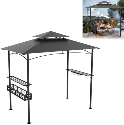 UISEBRT Grillpavillon Winterfest mit Metallrahmen und Polyesterdach, 245 x 153 x 250 cm, Schutz vor Regen und Sonne, inkl. Stauraumbasket, Pavillon Überdachung für Grillpartys Garten Terrasse (Grau)