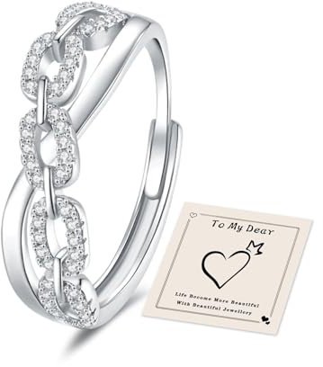 HEEYA Ringe Silber für Damen Verstellbarer Edelstahl Ringe Quadratisches Kettenblatt mit 5A Zirkonia Ring Ewigkeit Verlobungsring Verdrehtes Seil Eheringe Promise Ring für Frauen mit Geschenkbox