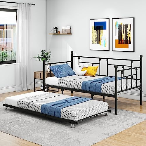 VERFARM Letto da giorno, 90 x 200 cm, con letto estensibile, rete a doghe, per camera degli ospiti, letto per adolescenti, in metallo, nero