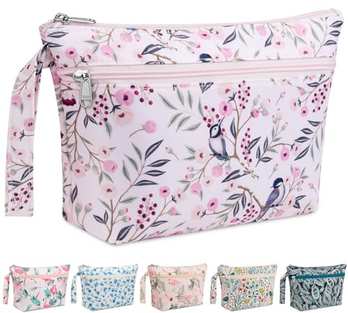 WACCET Petite Trousse de Toilette Femme, Trousse Maquillage de Voyage Imperméable avec Compartiment Sec/Humide, Poche de Rangement Portables Makeup Bag Cosmetique Fleurie (Fleur Rose)