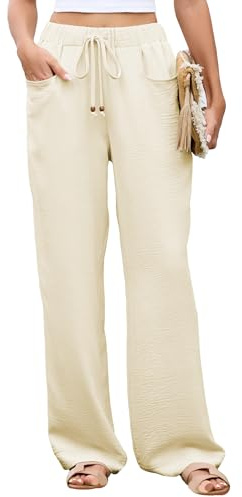 Famulily Women's Lightweight Wide Leg Trousers Drawstring Elasticated Waist Tie Front Casual Palazzo Pants with Pockets S to XL