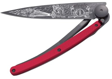 deejo - Couteau de Poche Pliant 37g avec Clip Ceinture - Manche en Aluminium Rouge, Lame en Acier Inoxydable Z40C13 - Motif Pompier - Couteau de Table, Randonnée, Camping, Bivouac