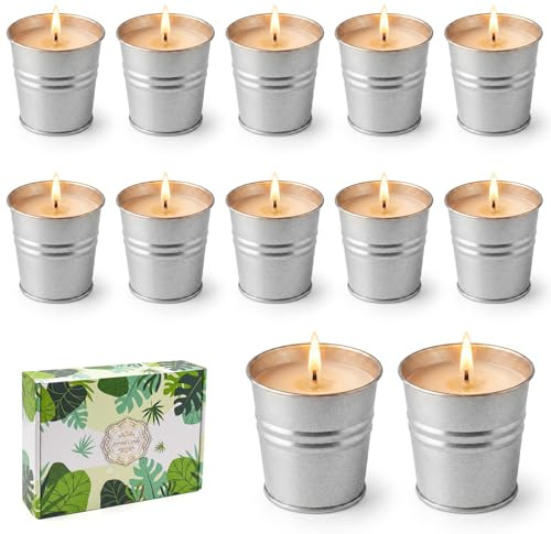 12 Candele Citronella Antizanzare, Cera Di Soia Esterno Giardino Lunga Durata 20 Ore, Senza Fumo Senza Goccia Metallo Confezione Regalo 240 Ore (12 PCS)