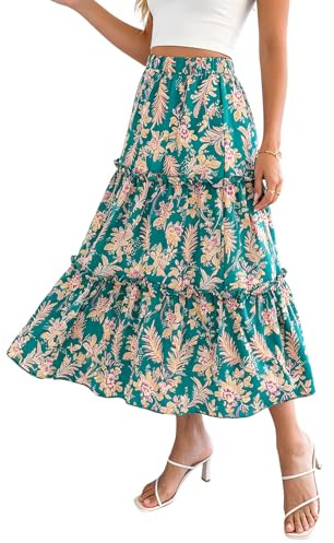 DOINEUFL Midi Skirts for Women UK Boho Floral Print High Elasticated Waist Tiered Ruffle Flowy Summer Skirts Ladies Gypsy Holiday Beach Skirt