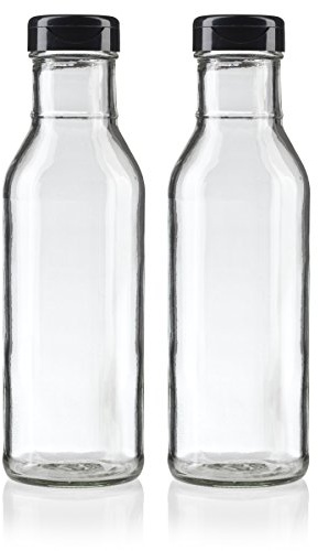 JUVITUS 12 oz Professional Clear Glass Thick Wall Sauce Bottle with Drip Resistant Flip Top Cap (2 Pack) for BBQ Sauce, Salad Dressings, more