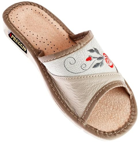 APREGGIO Damen Leder Hausschuhe – Bequeme Handgefertigte Pantoffeln, Komfortabel, Beige, Größe 38