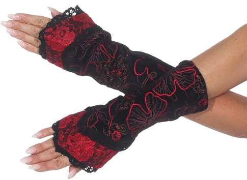 Kunst und Magie Damen Samt Armstulpen Stulpen Handwärmer Handschuhe mit Spitze, Farbe:Schwarz/Rot