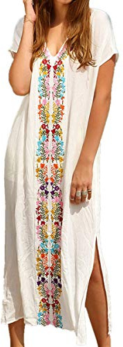 YouKD Verano Algodón Bordado Floral Flojo Caftán Boho Vestido de Bikini de Playa Bata de Talla Grande para Mujer