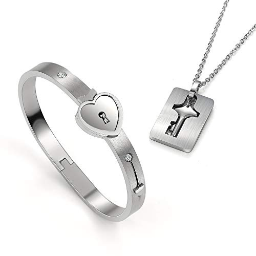 1 x bracciale con serratura e 1 x ciondolo in acciaio inox per coppie, partner, amicizia, BFF regalo