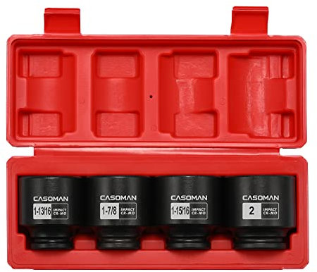 CASOMAN 1/2'' Drive Spindle Axle Nut Impact Socket Set, 6 Point, CR-MO,1-13/16, 1-7/8, 1-15/16, 2 inch, 4PC 1/2-Inch Impact Socket Set, Heavy Duty Use In Removing And Installing Axle Nuts