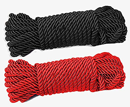 2 Pack 32ft 8mm Soft Silk Braided Rope Twisted Cord - Black and Red
