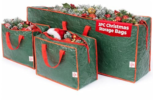 Christmas Village Set of 3 Christmas Storage Bags - 7ft Christmas Tree Storage Bag and 2 Decoration Storage Bags with Handles - Durable Xmas Storage Bag for Lights, Tinsel, Wreath (Green)