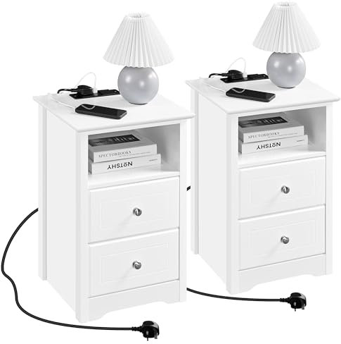 Yaheetech LED Bedside Table Set of 2, Side Table with 2 Charging Station and 2 USB Ports,Bedside Cabinet with 2 Drawers and Open Cupboard, Bed Cabinet Chest of Drawers for Living Room/Bedroom,White
