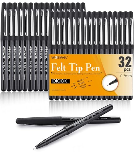 WOSWEL Black Felt Tip Pens, 32 Black Pens, 0.7mm Medium Point Felt Tip Markers Pens for Journaling, Note Taking, Planner, Writing,Drawing.Perfect for Art Office and School Supplies