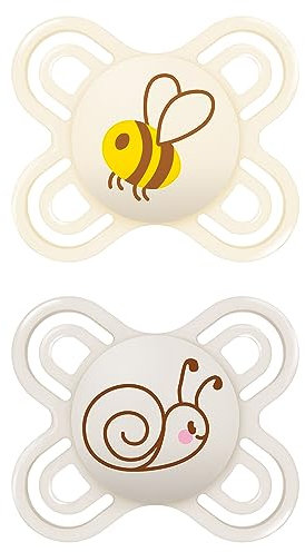 MAM Perfect Start Schnuller im 2er-Set, speziell für Neugeborene, zahnfreundlicher Baby Schnuller aus nachhaltigen & bio-erneuerbaren Materialien, mit Schnullerbox, 0-2 Monate, Biene/Schnecke