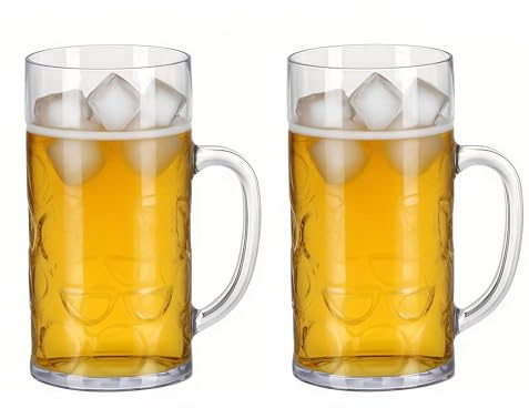 Komost 38oz Plastic Large Beer Mugs with Handle Set of 2, Reusable Beer Stein Drinking Glasses Cups for Party, Bar, Home, Hotel, Perfect for Whiskey, Juice, Cocktail Beverages