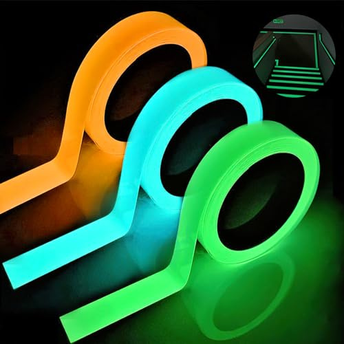 VOSSOT 3 Stück Fluoreszierendes Klebeband,Leuchtendes Band,Leuchtendes Klebeband 10m* 10mm,Nachleuchtend Markierungsband,Luminous Tape Wasserdicht,Warnband Selbstklebend,Tragbar