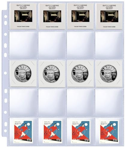 30 Pack 600 Pockets 2x2” Coin Flip Sleeves, Heavy Duty Stamp Collection Pages for 3 Ring Binder, 20 Pocket Photo Slide Flips Organizer Sheet, Top Loading Clear Cardboard Coin Holder Sleeves