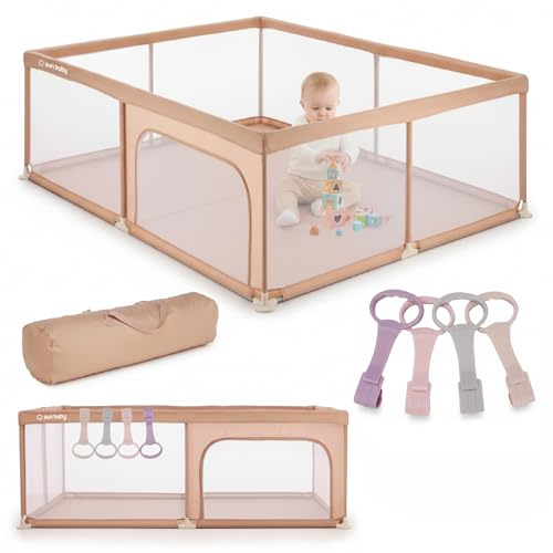 sun baby Laufstall mit rosa Griffen 150x200 cm 0-2 Jahre Lachs, Polyester, Netzwände, Eingang mit Reißverschluss, rutschfeste Füße, Tragetasche im Set, Metallrahmen