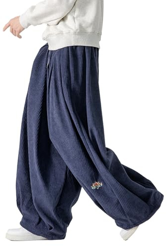 GURUNVANI Pantaloni da uomo in corduroy a vestibilità ampia, baggy, a gamba larga con coulisse, pantaloni da streetwear, Blu navy, S