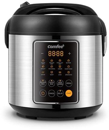 COMFEE' Rice Cooker, 14-in-1 Stainless Steel Multi Cooker, Slow Cooker, Steamer, Sauté, and Warmer, 5.3 QT, 20 Cups Cooked (10 Cups Uncooked), Brown Rice, Quinoa and Oatmeal