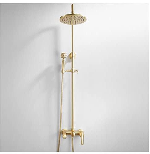 Gold Gebürstetes Duschsäule Set mit Handbrause 25cm Duschkopf Mischbatterie Edelstahl Schlauch und Verstellbare Duschstange Wandmontage Duschsystem