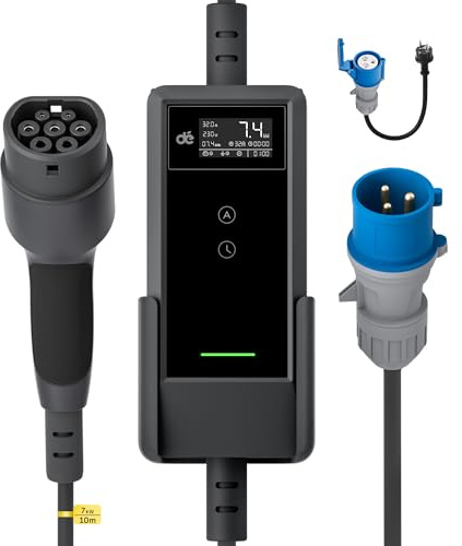 dé Mobile Wallbox 7,4kW [10m, 6-32A, 1-phasig] Ladekabel Type 2 CEE 7kW mit Einstellbarer Ladeleistung, EV Charger 32A auf Typ 2 für Model Y/3, ID.3/4/5, EX30, Enyaq, e-tron und Anderen BEV/PHEV