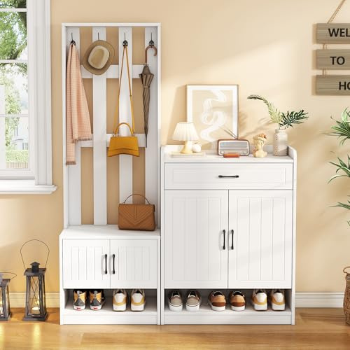 sogesfurniture weißes Garderobe Set, Flurgarderobe mit 4 Kleiderhaken, 2 Schuhschränke mit Türen, multifunktionales Schuhwechsler-Set für Flur und Eingangsbereich, 140.6x30.5x180 cm