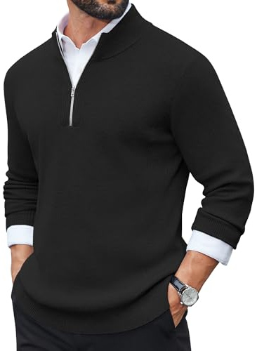 COOFANDY Jersey Hombre de Tejido Fino Cuello Alto Media Cremallera Manga Larga Suéter para Invierno Jersey de Trabajo Negro L