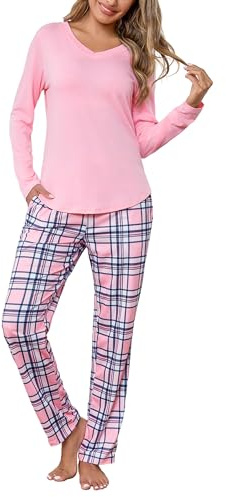 Litherday Pijama Mujer Invierno Algodón Cuello V Cuadros Cordón Bolsillos | Conjunto 90% algodón, 10% elastano, cuello V, pantalón de cuadros con bolsillos y cordón, manga larga para casa y descanso