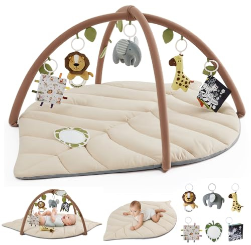 Blissful Diary Spielbogen Baby, Übergroßes Blattförmiges Spieldecke Baby Gym Activity Decke mit 6 Abnehmbare Spielzeuge, krabbeldeck Unverzichtbare Babygeschenke, Haferflockenbeige