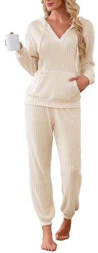Famulily Casual Loungewear Sets for Women Ribbed V Neck Hooded Jumpers and Jogging Bottoms, Ladies Tracksuits Leisure Suits Long Sleeve Pyjamas Nightwear (M, Beige)