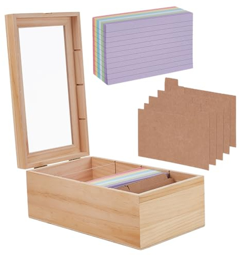 OLYCRAFT Index Card Organizer 7.3x12.8cm Wooden Card Holder Organizer Box Set 4 Grids Wood Storage Box with 10pcs Dividers 300pcs Sticky Notes for Home Office Desk Business Cards Storage
