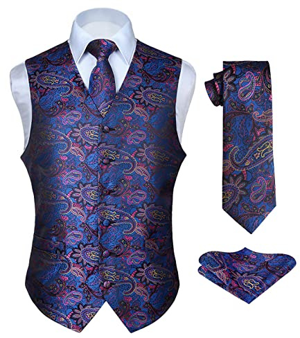 Hisdern Herrväst med paisleymönster, blommig jacquard-slips, bröstnäsduk och näsduk, perfekt för bröllop, fest eller affärsmöten, väst-set för kostym i storlekarna XS–6XL