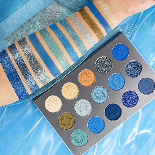 Blau Lidschatten Palette Matt Glitzer Hochpigmentierte,Afflano Pro Eyeshadow Palette Glitter Makeups,Lange Andauernd Soft Glam Schimmer Vegane Schmink Paletten-Lidschatten Set,15 Colors Space-Blue