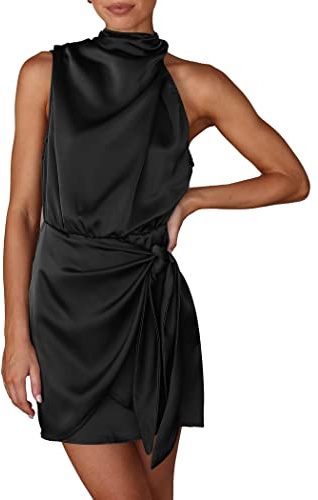 PRETTYGARDEN Women's Short Formal Satin Dress Summer Sleeveless Mock Neck Tie Waist Cocktail Party Dresses (Black,XX-Large)