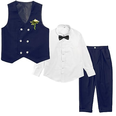 LOLANTA Costume Formel 4 pièces pour garçon, Ensemble de Gilet à Double Boutonnage, vêtements de fête d'anniversaire de Mariage pour Enfants, Bleu Marine, 90