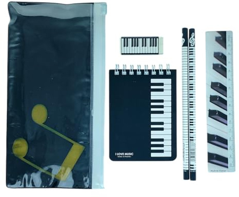 Music Themed Stationery Set - Mini Notebook Set with a Ruler, Eraser, 2 Pencils in a Zipper Pouch. Ideal as Music Gift for Students, Stationery for School and Office.