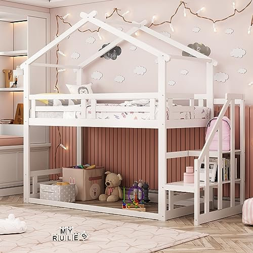 FEZTOY Etagenbett Kinderbett mit Treppe 90x200 für Kinder, Niedriges Kinderbett mit Rausfallschutz und 1 Lattenrost, Massivholz Spielbett, Jugendbett für Junge&Mädchen, ohne Matratze (weiß 1 Latten)