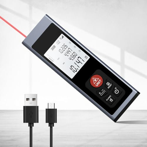 REVASRI Telémetro Profesional, Telémetro Láser con Nivel de Burbuja Electrónico M/In/Ft Retroiluminación LCD Distancia/Área/Volumen/Pitágoras/Medición Continua y USB C Recargable