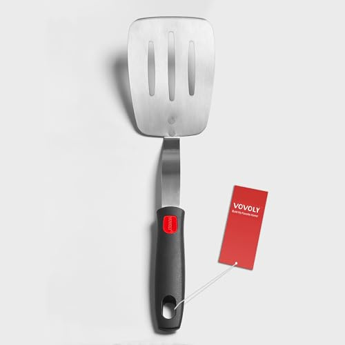 VOVOLY Espátula volteadora de acero inoxidable, espátula de metal para uso en cocina, espátula de cocina con hoja extra biselada y mango de silicona resistente al calor, apto para lavavajillas