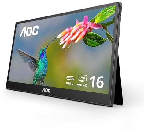 AOC 16T3EA 16'' Class USB-C Ultra-Slim Portable Monitor with IPS Panel, Full HD 1920x1080 Resolution, Built-in kickstands for Portrait/Landscape View, PC/MacBook, VESA Mount, Carrying Bag Included