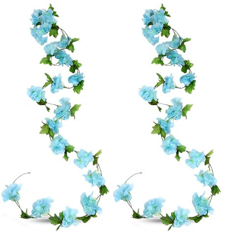 MHYMX Kirschblüten Deko, 2 Stück Künstliche Blumengirlande Blau Kirschblüten Girlande 2,4M Frühling Kunstblumen Deko Wie Echt Hängend Seidenblumen für Hochzeit Wand Deko