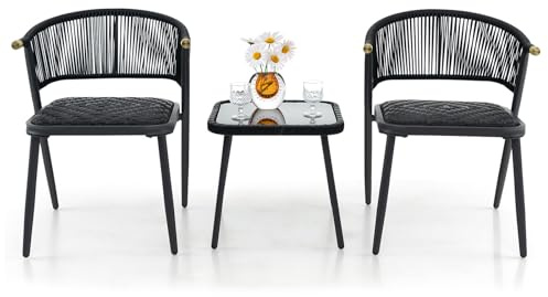 LIFEZEAL Ensemble Meubles de Jardin en Rotin 3 Pièces, Salon Extérieur pour 2 Personnes, 2 Chaises de Balcon & Table d'appoint en Verre, Fauteuil de Terrasse avec Coussins, Charge 180 kg
