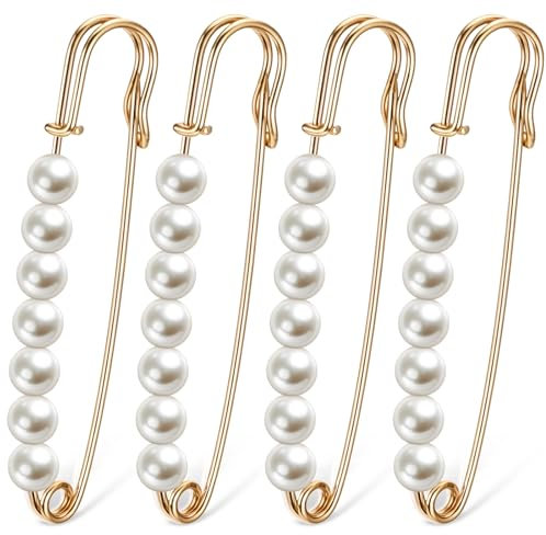 4 Stück Sicherheitsnadel Perlen-Broschennadeln Faux Perlen Sicherheitsnadeln Taillenspanner Perlenbroschen Set Dekorative Nadeln Brosche für Damenkleidung Anzughosen Röcke Hosen