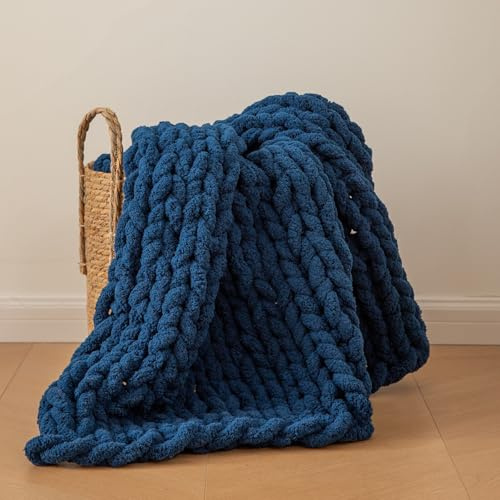 WESHIONGOO Chunky Knit Blanket Throw 40*40 Knitted Throw Blankets for Couch Bed Fluffy Soft Blanket with Jumbo Chenille Yarn Thick 100% Handmade(Navy Blue)
