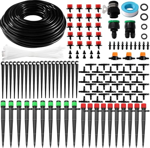VooGenzek 162 Pezzi 4/6 mm Kit Irrigazione a Goccia, 25m Tubo Irrigazione, Kit fai da te Sistemi di Irrigazione, con Giunti a Barbe Dritte, Connettori a T, Tappi Terminali, per Aiuola