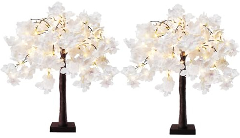 obbsie 24 Inch Lighted Cherry Blossom Tree, 2 Pack Artificial Bonsai Flower Tree with Timer Battery/USB Operated Pink Light Up Tabletop Tree for Spring Wedding Party Indoor Outdoor Decor